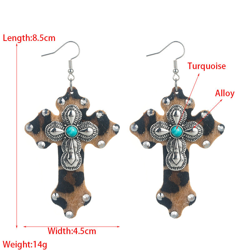 Wholesale Trendy Leopard Print Leather Cross Alloy Inlaid Turquoise Exaggerated Earrings